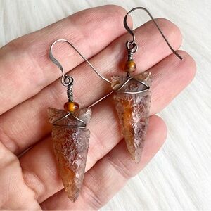 VINTAGE Smokey Quartz Arrowhead Southwestern Sterling Silver Hook Earrings